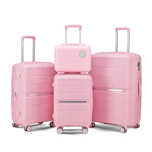 Tzou 4-teiliges Gepäck-Set, Hartschalen-Koffer mit Spinnrollen und TSA-Schloss, erweiterbares Handgepäck-Set, Reisegepäck-Set für Damen, Herren, Familie, Pink, 4 Piece Set (, Modern von Tzou