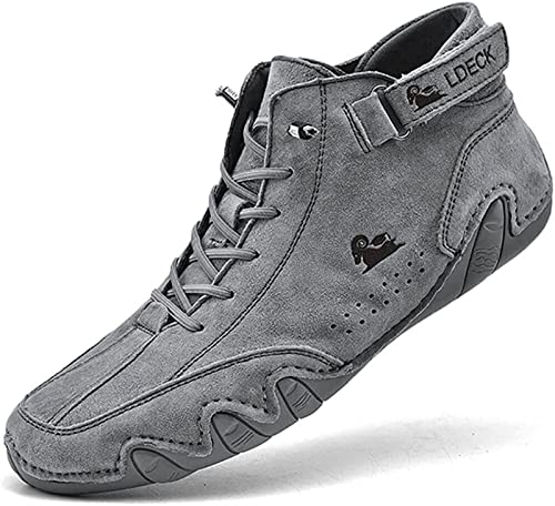 Tzsaixeh Italian Handmade Suede High Boots, Men's Chukka Suede Velcro Leather Casual Sneakers Non-Slip Breathable High Boots Water Proof (Color : Gray ram, Size : 37 EU) von Tzsaixeh