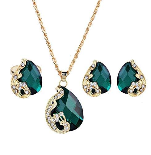 U/K RomantischPfau Kristall Set Ohrringe + Anhänger Halskette + Ringe Schmucksets Grün Premium Qualität von U/K