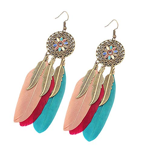 Damen Bohemia Traumfänger Feder Blume hohl baumelnde Ohrringe Schmuck Hellrosa bequem und umweltfreundlich von U-K