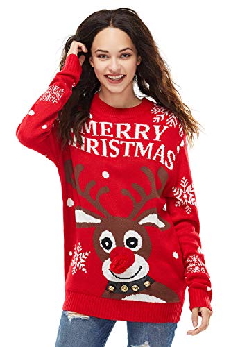 Damen Weihnachtspullover Lustig Unisex Hässliche Pulli Strickpullover Ugly Weihnachtspulli mit weihnachtlichen Motiven für Damen Herren Weihnachtsparty, L, Jingle Bells Rudolph von U LOOK UGLY TODAY