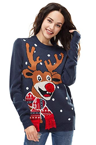 Damen Weihnachtspullover Lustig Unisex Hässliche Pulli Strickpullover Ugly Weihnachtspulli mit weihnachtlichen Motiven für Damen Herren Weihnachtsparty, L, Rote Nase Pom Pom-blau von U LOOK UGLY TODAY