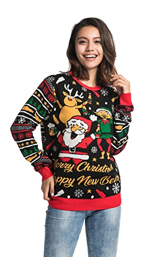 Damen Weihnachtspullover Lustig Unisex Hässliche Pulli Strickpullover Ugly Weihnachtspulli mit weihnachtlichen Motiven für Damen Herren Weihnachtsparty, S, Rentier Felsen von U LOOK UGLY TODAY
