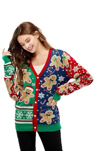 Damen Weihnachtspullover Lustig Unisex Hässliche Pulli Strickpullover Ugly Weihnachtspulli mit weihnachtlichen Motiven für Damen Herren Weihnachtsparty, XL, Lebkuchenfelsen von U LOOK UGLY TODAY