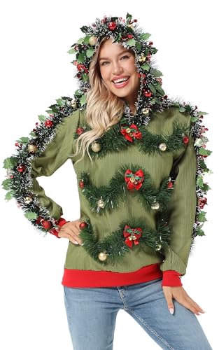 Hässlicher Weihnachtspullover Damen Unisex Lustig Kapuzenpullover Weihnachten Ugly Christmas Sweater Chunky Gestrickter Festlicher Pullover für Party von U LOOK UGLY TODAY