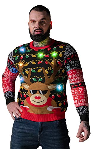 Herren Weihnachtspullover Lustig Sweater Pulli Hässlich Xmas Strickpullover Weihnachtspulli mit weihnachtlichen Motiven für WeihnachtspartyRudy Lit UpXL von U LOOK UGLY TODAY