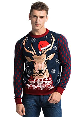 Herren Weihnachtspullover Unisex Hässliche Pulli Lustig Strickpullover Ugly Weihnachtspulli - Rentier & Weihnachtsmann & Schneemann,BlauA Leuchten Weihnachten,L von U LOOK UGLY TODAY