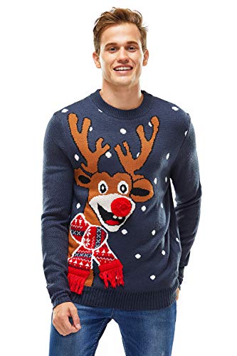 Herren Weihnachtspullover Unisex Hässliche Pulli Lustig Strickpullover Ugly Weihnachtspulli - Rentier & Weihnachtsmann & Schneemann,BlauBlau,L von U LOOK UGLY TODAY