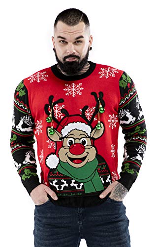 Herren Weihnachtspullover Unisex Hässliche Pulli Lustig Strickpullover Ugly Weihnachtspulli - Rentier & Weihnachtsmann & Schneemann,Happy Rudy Says Hi,L von U LOOK UGLY TODAY