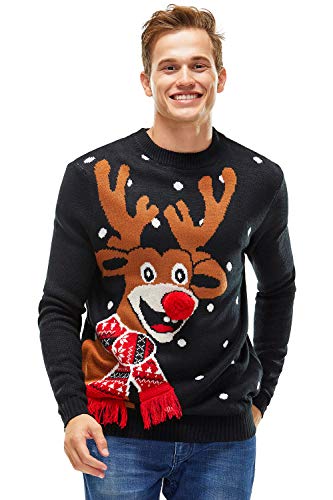 Herren Weihnachtspullover Unisex Hässliche Pulli Lustig Strickpullover Ugly Weihnachtspulli - Rentier & Weihnachtsmann & Schneemann,SchwarzSchwarz,M von U LOOK UGLY TODAY