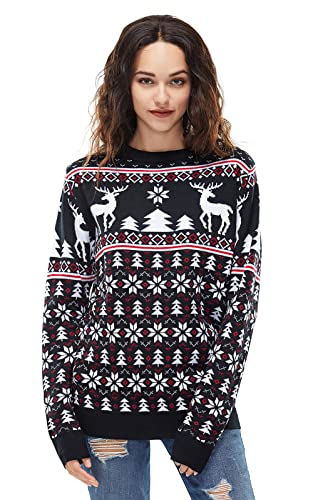 U LOOK UGLY TODAY Hässlicher Weihnachtspullover, Unisex Lustiger Chunky Fair Isle Gestrickter Festlicher Pullover für Party Reindeer and Snowflakes on Fleek-Schwarz 3XL von U LOOK UGLY TODAY