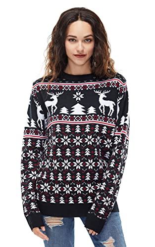 U LOOK UGLY TODAY Hässlicher Weihnachtspullover, Unisex Lustiger Chunky Fair Isle Gestrickter Festlicher Pullover für Party Reindeer and Snowflakes on Fleek-Schwarz S von U LOOK UGLY TODAY