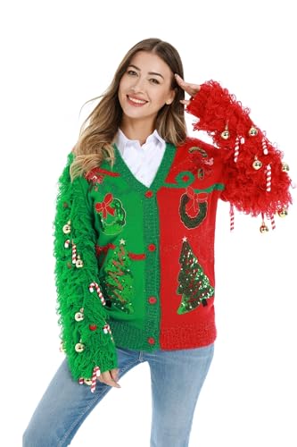 U LOOK UGLY TODAY Hässlicher Weihnachtspullover Damen Unisex Herren Lustiger Chunky Fair Isle Gestrickter Festlicher Pullover Strickjacken Pullover für Party XL von U LOOK UGLY TODAY