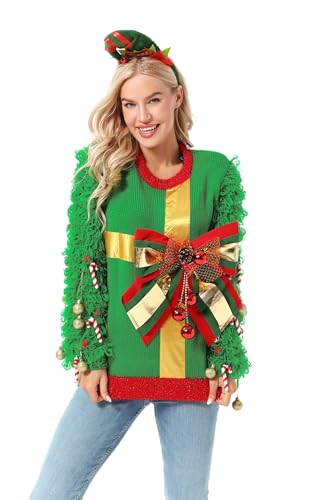 U LOOK UGLY TODAY Hässlicher Weihnachtspullover Damen Unisex Herren Lustiger Chunky Gestrickter Festlicher Pullover für Party L von U LOOK UGLY TODAY