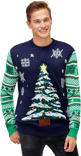 U LOOK UGLY TODAY Herren-Weihnachtspullover Lustiger Pullover Ugly Xmas Strickpullover mit LED-Licht-Motiven für Weihnachtsfeier,Santa Holding The Led Lights,XXL von U LOOK UGLY TODAY