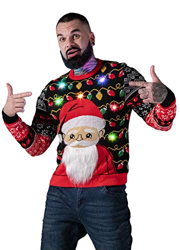 U LOOK UGLY TODAY Herren-Weihnachtspullover Lustiger Pullover Ugly Xmas Strickpullover mit LED-Licht-Motiven für Weihnachtsfeier,Santa Shine,3XL von U LOOK UGLY TODAY