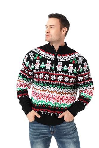 U LOOK UGLY TODAY Weihnachtspullover Herren Unisex Hässlicher Lustiger Chunky Fair Isle Gestrickter Festlicher Pullover mit Reißverschluss für Party Fab Festive Fair Isle M von U LOOK UGLY TODAY