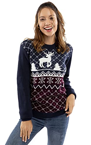 U Look Ugly Today Womens Damen Lustig Pullover Strickpullis für Weihnachten-Fairisle & Reindeer Sweater, Der Stil Standard-Blau, L von U LOOK UGLY TODAY