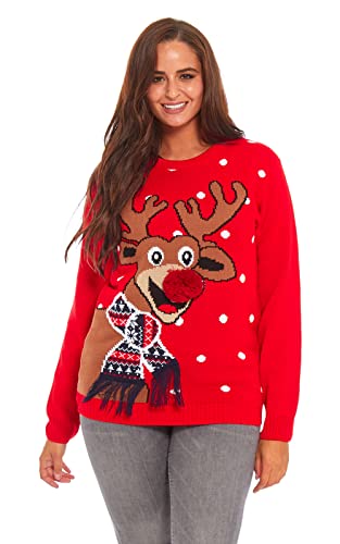 U Look Ugly Today Womens Damen Lustig Rentier Weihnachtpullover Strickpullis für Weihnachten Sweater, Rote Nase Pom Pom-Rot, L von U LOOK UGLY TODAY