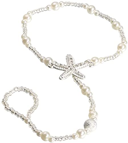 U-M Boho Fußkettchen Seestern Faux Perlen Knöchelkette Barfuß Sandalen Elastischer Strand Hochzeit Fußschmuck mit Zehenring - Weiß von U-M