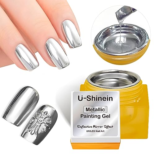 U-Shinein 10 ml Metallic Gel to Paint, Metal Painted Gel Nail Polish, 3D Metallic Gel Painted Drawing Mirror Nail Polish Glossy DIY Nail, Paint Liner Gel, Need to Cure, Silver von U-Shinein