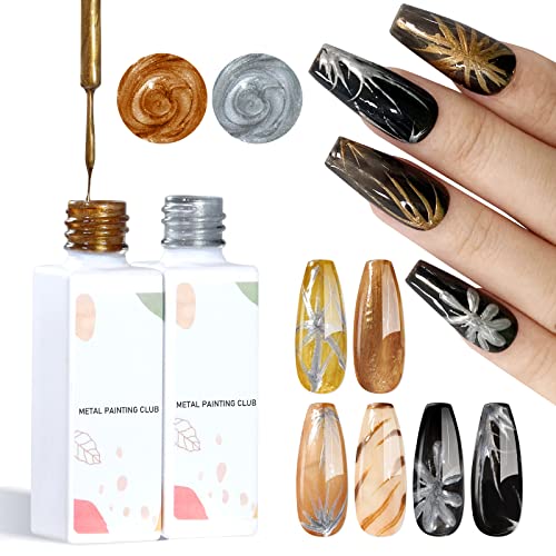 U-Shinein 2 Colors Metallic Nail Painting Gel, Golden Silver 3D Metal Gel, Line Art Gel Polish Liner Gel, Drawing Painting Gel Liner Pulling Need Cure Soak off DIY Nail Art Manicure von U-Shinein