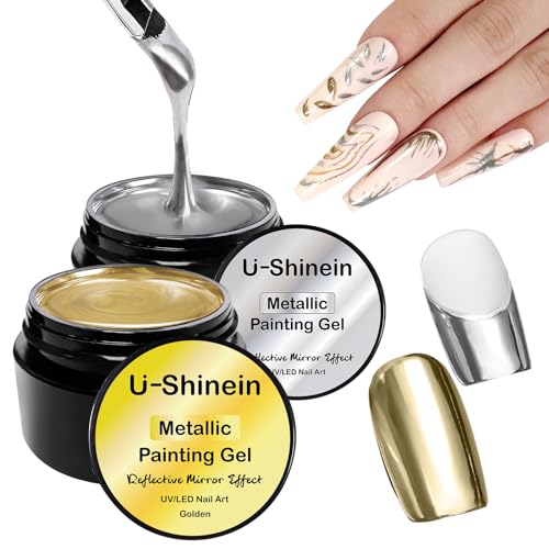 U-Shinein 2 Colours Metallic Nail Painting Gel, Golden Silver Painted Gel Nail Polish 3D Metal Painting Gel Drawing Nail Gel Soak Off DIY Nail Art Manicure, Sliver + Golden von U-Shinein