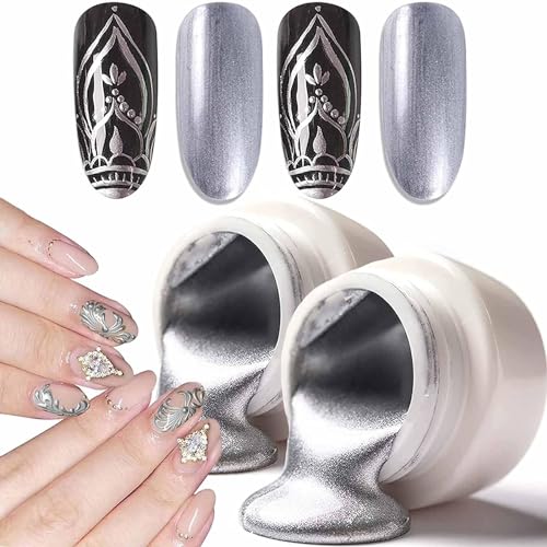 U-Shinein 2 Pcs Metallic Nail Painting Gel, Golden Silver Painted Gel Nail Polish 3D Metal Painting Gel Drawing Nail Gel Soak Off DIY Nail Art Manicure, Sliver + Sliver von U-Shinein