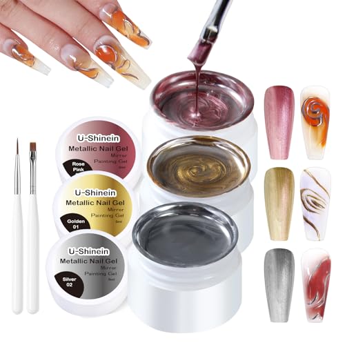 U-Shinein 3 Pcs Metallic Nail Polish, Mirror Nail Polish,Upgrade Chrome Nail Polish Mirror with Brushes, Long-Lasting Mirror Shine Effect, Nail Polish for Reflective Manicure，#01#02#03 von U-Shinein