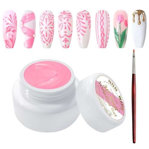 U-Shinein 3D Nail Sculpting Gel,Non Wipe Painting Nail Polish Gel with Nail Painting Pen for Art Carving Modeling,Rub Chrome Nail Powder,and Nail Painting UV/Led Manicure DIY, #Pink von U-Shinein