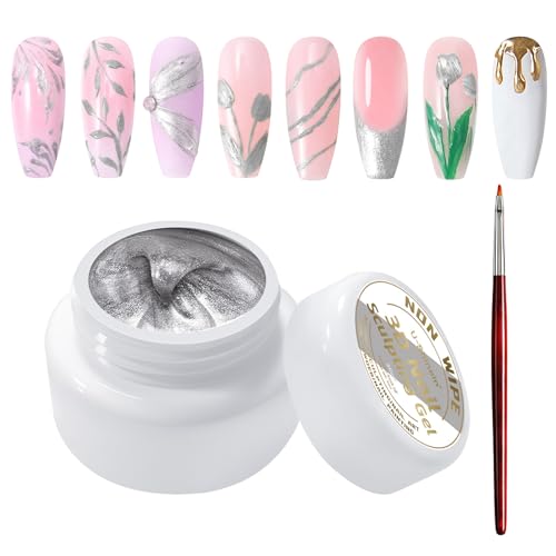 U-Shinein 3D Nail Sculpting Gel,Non Wipe Painting Nail Polish Gel with Nail Painting Pen for Art Carving Modeling,Rub Chrome Nail Powder,and Nail Painting UV/Led Manicure DIY, #Silver von U-Shinein