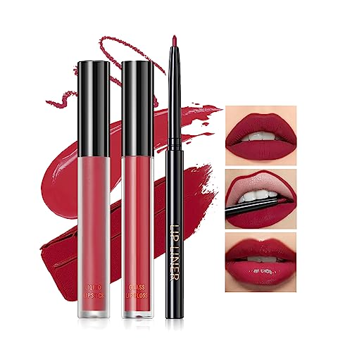 U-Shinein 3PCS Lipstick and Lip Liner Set, Matte Liquid Lipstick & Lip Liner Lip Gloss Set, Long Lasting Non-Stick Cup Lipstick, Moisturizing Lip Glaze Makeup Gift Set, Beauty Cosmetics for Women, 07 von U-Shinein