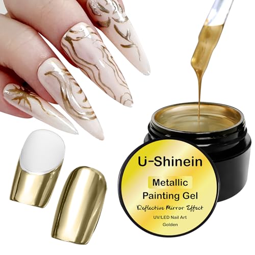 U-Shinein 8ml Metallic Painting Gel, Metal Painted Gel Nail Polish, 3D Metal Painting Gel Drawing Mirror Nail Gel Polish Glossy DIY Nail Art Manicure -Golden von U-Shinein