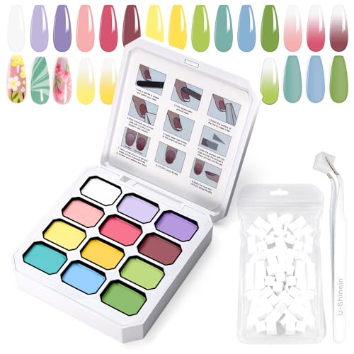 U-Shinein Gradient Painting Gel, 12 Colors Ombre Gel Nail Polish with 100Pcs Nail Sponges & 4 Claws Metal Grabber for French Manicure DIY Nail Art,Set I von U-Shinein