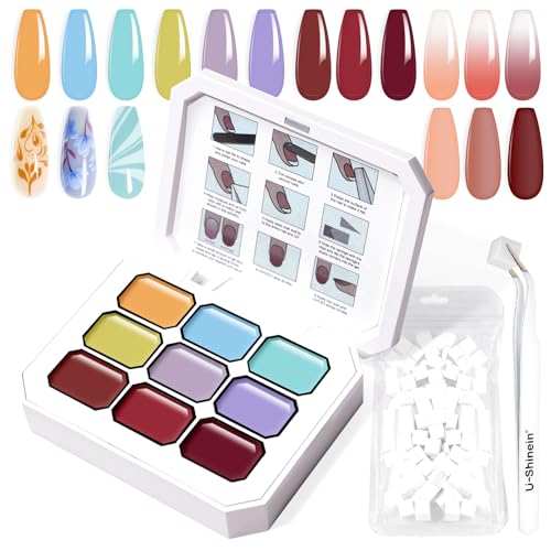 U-Shinein Gradient Painting Gel, 9 Colors Ombre Gel Nail Polish with 100Pcs Nail Sponges & 4 Claws Metal Grabber for French Manicure DIY Nail Art,Set F von U-Shinein