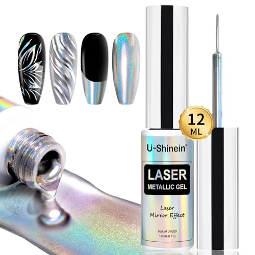 U-Shinein Metallic Painting Gel, Nail Art 3D Mirror Effect Gel Nail Polish, Laser Silver von U-Shinein