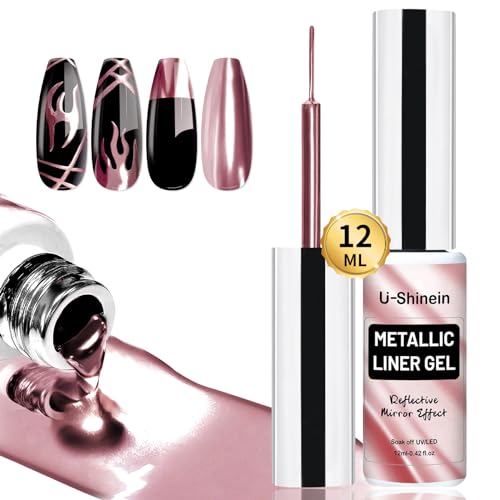 U-Shinein Metallic Painting Gel, Nail Art 3D Mirror Effect Gel Nail Polish, Painted Drawing Gel, Build in Thin Brush Soak Off Silver Gel for Salon Home DIY Manicure, Rose Gold von U-Shinein