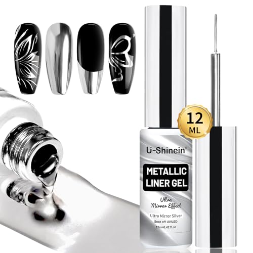 U-Shinein Metallic Painting Gel, Nail Art 3D Mirror Effect Gel Nail Polish, Painted Drawing Gel, Build in Thin Brush Soak Off Silver Gel for Salon Home DIY Manicure, Ultra-bright Silver von U-Shinein