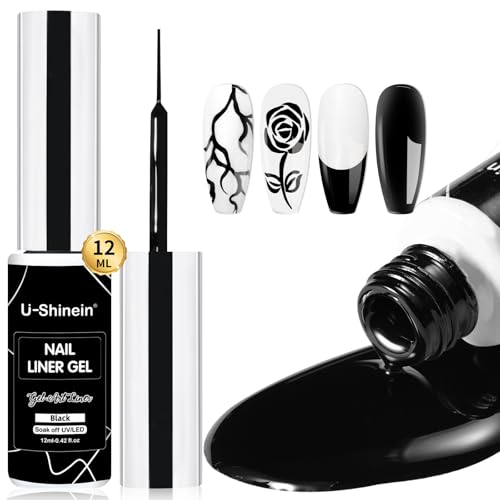 U-Shinein Metallic Painting Gel, Nail Art 3D Mirror Effect Gel Nail Polish,Build in Thin Brush Soak Off for Salon Home DIY Manicure, Black von U-Shinein