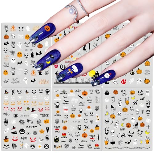 U-Shinein Nail Stickers, 6 Sheets Halloween Nail Stickers, Self-Adhesive Spider Web Pumpkin Skull Bat Ghost Witch Stickers, Cute Terrifying Halloween Style Nail Art Sticker, Festival Nail Accessories von U-Shinein