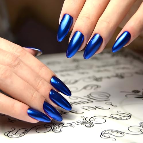 U-Shinein Press On Nails, Mirror Fake Nails, Oval False Nails, Super Metallic Luster Full Cover Nail Art Stick-On Nails, Festival Nail Gift for Women Girl, 05 Blue von U-Shinein