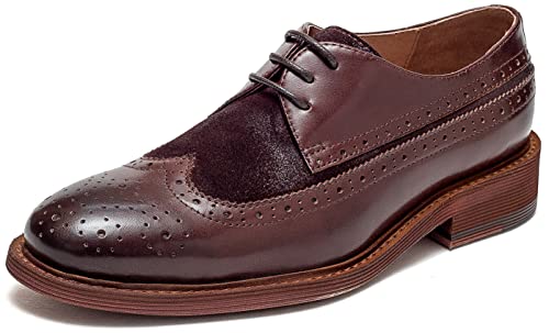 Damen Perforierte Klassische Schnürschuhe Oxfords Brogue Wingtip Round Toe Derby Sattel Leder Schuhe für Frauen Mädchen Lady Wife, Burgunder, 37.5 EU von U-lite