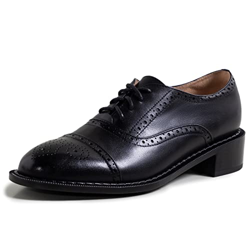 Damen Perforierte Klassische Schnürschuhe Oxfords Brogue Wingtip Round Toe Derby Sattel Leder Schuhe für Frauen Mädchen Lady Wife, Schwarz-4, 35 EU von U-lite