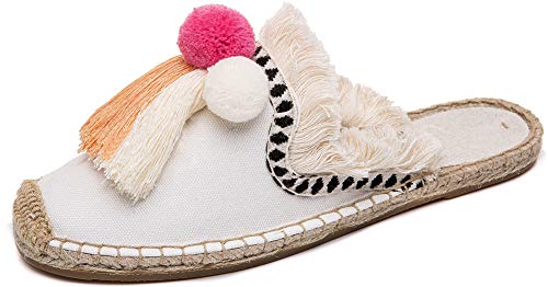 U-lite Damen Comfort Red Quaste & Fluffy Ball Embellishment Canvas Mule Shoes Espadrilles, Weiss/opulenter Garten, 38.5 EU von U-lite