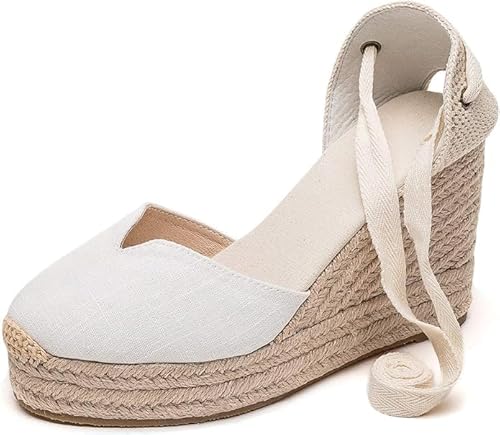 U-lite Damen Espadrille Keilsandalen Geschlossene Zehenpartie Plateau Schnürung Knöchelriemen Slingback Sommerkleid Schuhe, Weiß Canvas Platform-10,2 cm (4 Zoll), 39 EU von U-lite