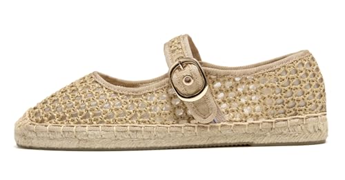 U-lite Damen Mesh Mary Jane flache Espadrilles gewebte Espadrilles Außensohle Segeltuch Fischnetz Sommer Ballerinas Schuhe, Hellbraun, 38 EU von U-lite