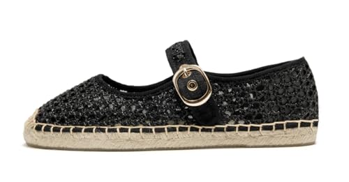 U-lite Damen Mesh Mary Jane flache Espadrilles gewebte Espadrilles Außensohle Segeltuch Fischnetz Sommer Ballerinas Schuhe, Schwarz, 35.5 EU von U-lite