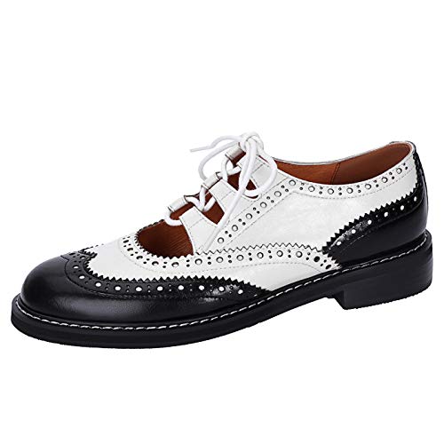 U-lite Damen Oxfords Wingtip Perforiertes weiches Leder Vintage Geschlossene Zehenpartie Brogue Dressy Business Office Loafer Schuhe, Schwarz Weiß, 39 EU von U-lite