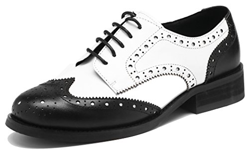 U-lite Damen Perforierte Schnürschuhe Wingtip Leder Flache Oxfords Vintage Oxford Schuhe Brogues, Mehrere (schwarz / weiß), 39 EU von U-lite