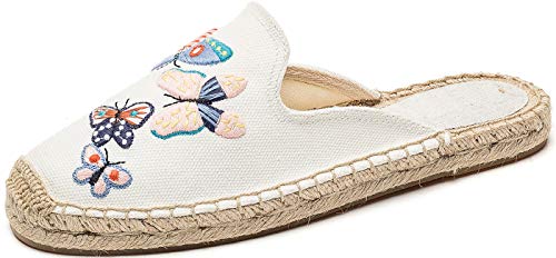 U-lite Damen Stilvolle Stickerei Flache Espadrilles Fancy Mule, Beige Schmetterling, 35 EU von U-lite